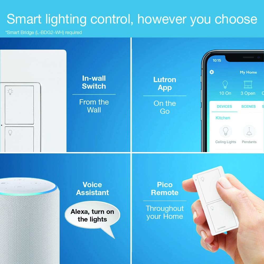 Lutron Caseta Smart Home Switch, Works with Alexa, Apple HomeKit, Google Assistant | 6-Amp, for Ceiling Fans, Exhaust Fans, LED Light Bulbs, Incandescent Bulbs and Halogen Bulbs | PD-6ANS-WH | White - - 