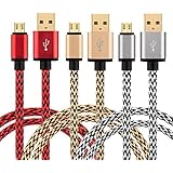 Power-7 Gold Plated Universal USB Charger Pack-3 6FT USB-A 2.0 to Micro USB Cable Nylon Braided High Speed Charge Data Cord for Android,Samsung,HTC,Sony,Motorola,LG,Blackberry,Nokia (Gold/Silver/Red)