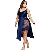 WDIRARA Women's Plus Size Satin Nightgown Lace Trim Cowl Neck Slit Chemise Sleep Dress