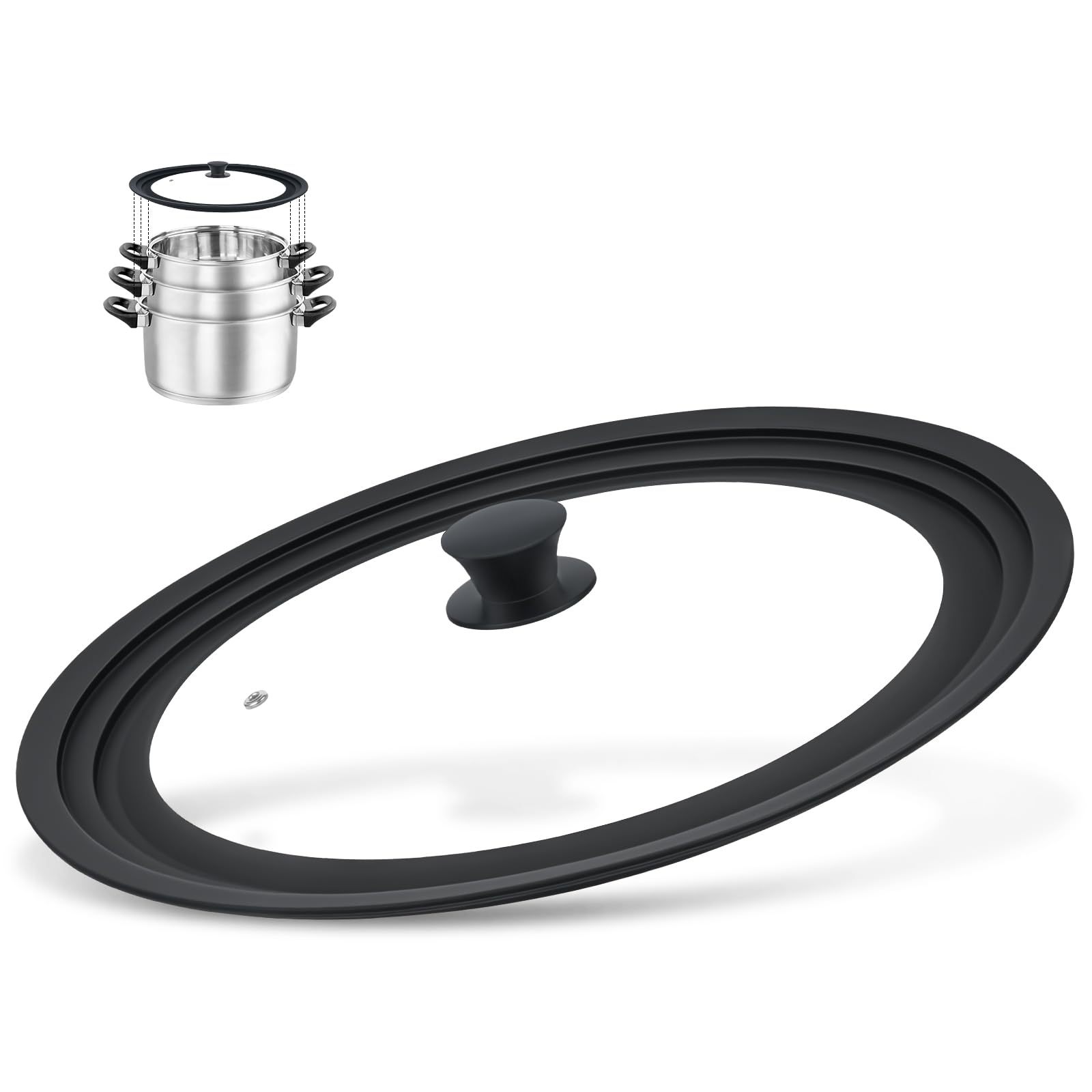 Photo 1 of 13-14-15 in Universal Lid for Oversized Pots, Pans and Skillets, Extra Large Pot Lid Tempered Glass Lid with Heat-Resistant Silicone Edge, Cookware Lids, Replacement Frying Pan Cover (Black-O)