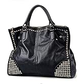 Women LadiesPunk Handbag Purse Middle Size Top Handle Shoulder Crossbody Bag Gold Rivet Satchel Tote Black