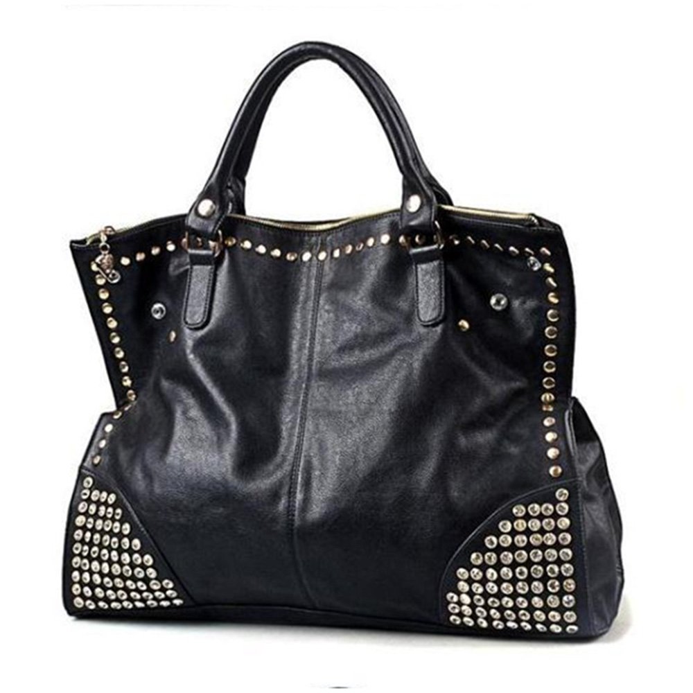 FiveloveTwo Women Top Handle Shoulder Bag Personality Punk Rivet Satchel Tote Purse Fashion Vintage Big Bag Black