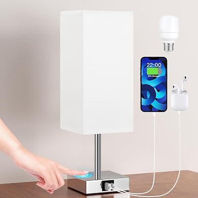 Aooshine Bedside Lamp Touch 3 Way Dimmable USB A+C Ports White Shade
