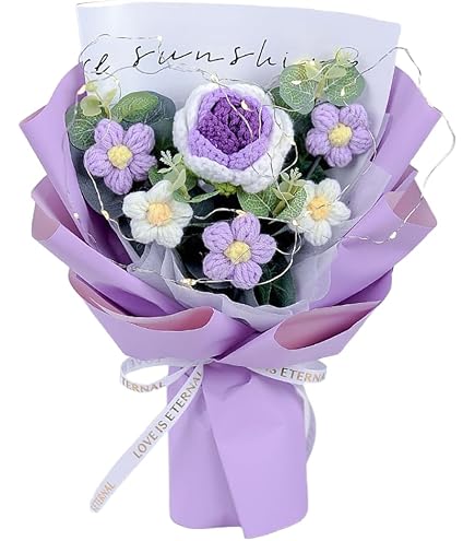 Phaicoilo Handmade Crochet Flower Bouquet - Tulips & Daisies, Purple, For Home Decor & Gifts - View #14