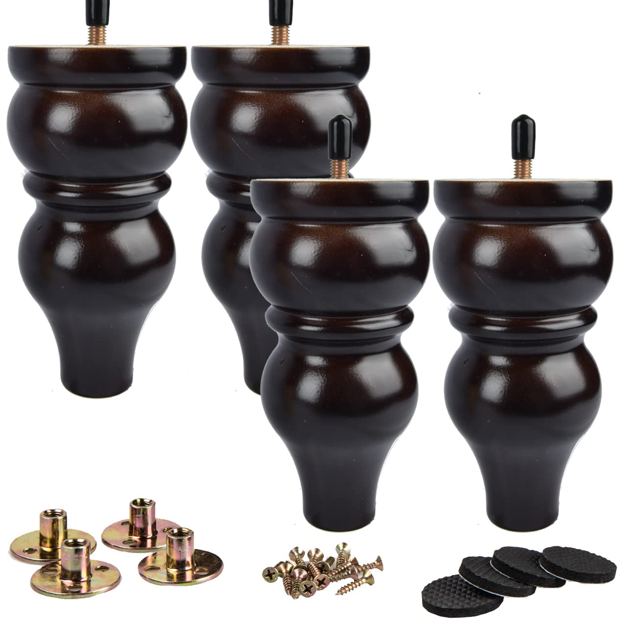 La Vane 6 Inch (15cm) Solid Wood Furniture Legs - 4Pcs Wooden Black Turned Spool Bun Feet with M8 Bolt, Extra Wide 3.5”(9cm) Diameter & Superior Strength for Dresser, Sofa, Cabinet, Sideboard