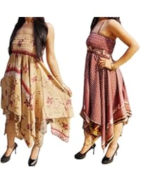 Lot Of 2 Naomi Womens Beach Dress Recycled Vintage Sari Handkerchief Hem Boho Halter Sundress