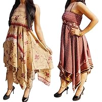 Mogul Interior Lot Of 2 Naomi Womens Beach Dress Recycled Vintage Sari Handkerchief Hem Boho Halter Sundress