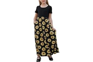 GORLYA Girl's Short Sleeve Patchwork Floral Print Loose Casual Long Maxi Dress with Pockets for 4-14 Years Kids