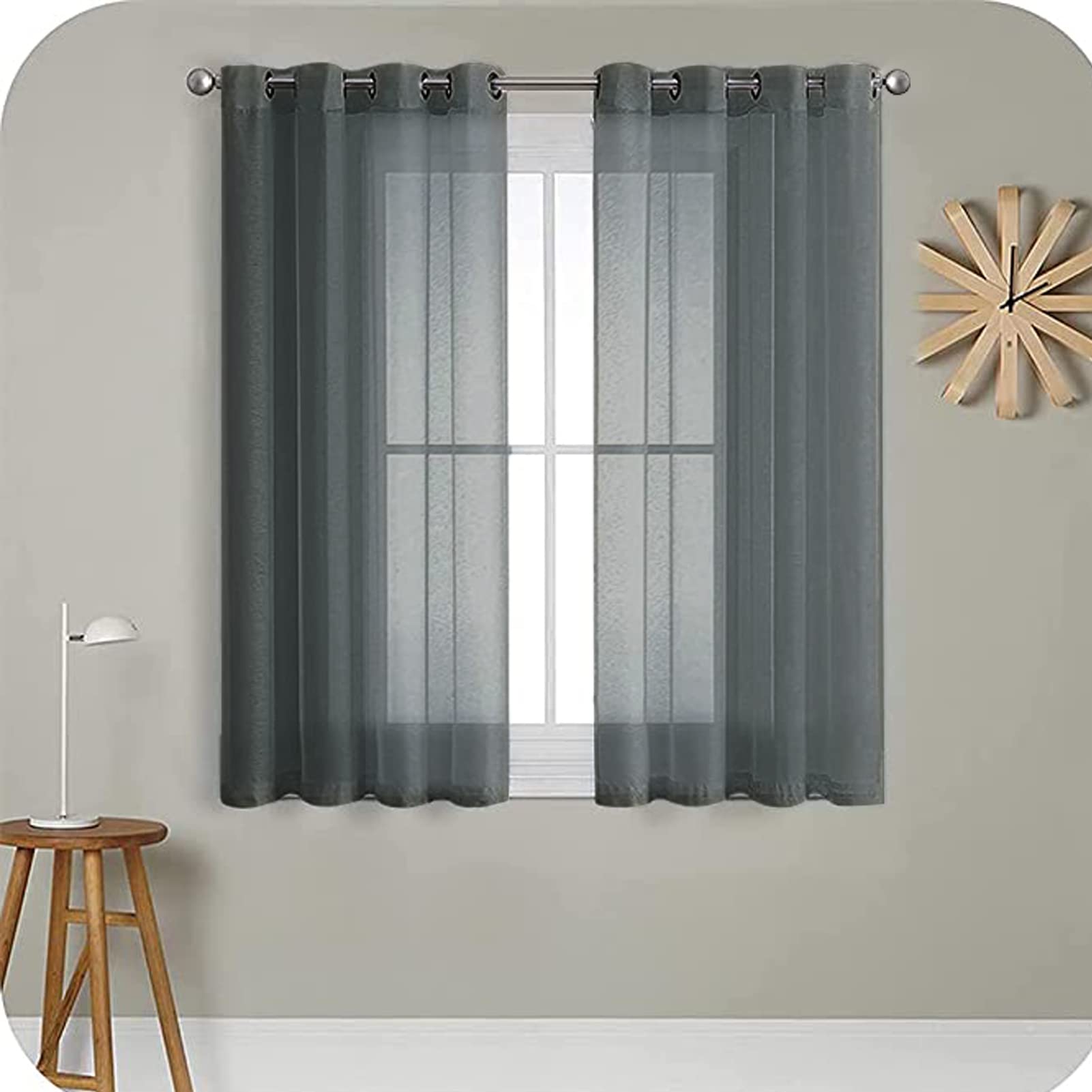 MRTREES Voile Curtains 54 Drop 2 Panels Faux Linen Eyelet Short Sheer Curtain Panel for Bedroom Living Room Patio Door 46x54 Drop 117cm x 137cm Normal Grey — image 1