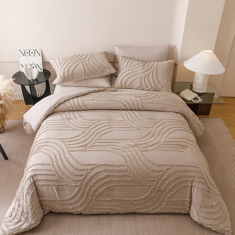 Photo 1 of Nttopship Khaki Queen Comforter Set - 7 Pieces Bed in a Bag, Premium Comforters Queen Size Bed Set Tufted Shabby Chic Bedding Comforter Set with Flat Sheet, Fitted Sheet and Pillowcases,Khaki