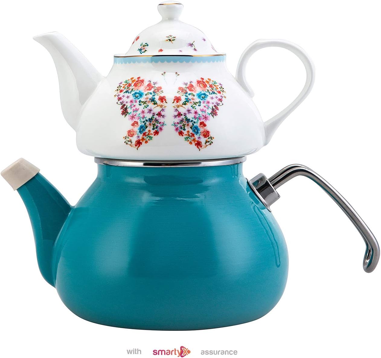 Porcelain Enamel Turkish Teapot - Nostalgic Retro Design Samovar Kettle Midi Size 1.1 Lt (Turquoise)