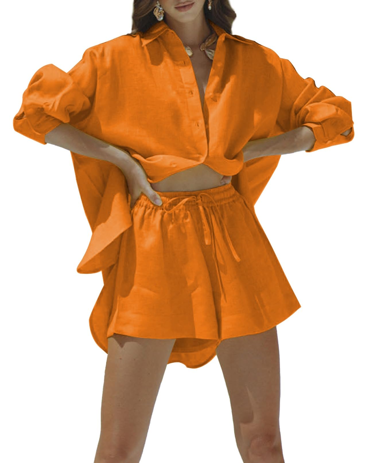 Photo 1 of Fixmatti Womens 2 Piece Outfit Lounge Sets Cotton Linen Buttons Shirt and Shorts Set Casual Sweatsuit Orange S