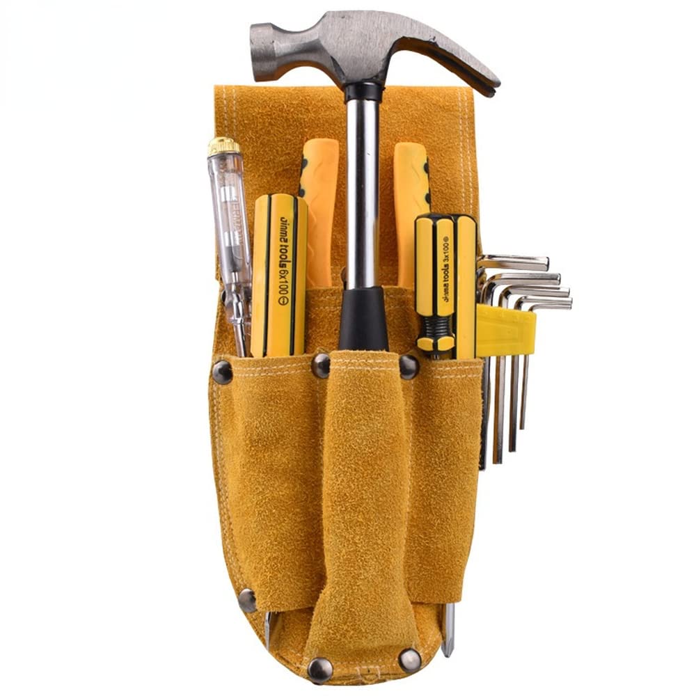 SSDH Leather Electric Drill Belt Bag Screw And Hammer Storage Bag Multi-Pocket Tool Bag Cowhide Rivet Tool Bag Belt Suitable For Builders Carpenters Gardeners Electricians (B-curved bag)