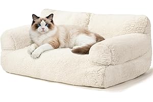FAMIDGE Plush Cat Couch Bed - Cat Bed for Indoor Cats, Dog Sofa Bed, Cotton Fleece Calming Pet Couch with Removable Cover, Breathable Pet Sofa for Small/Medium Pets (26×18×12in, Beige)