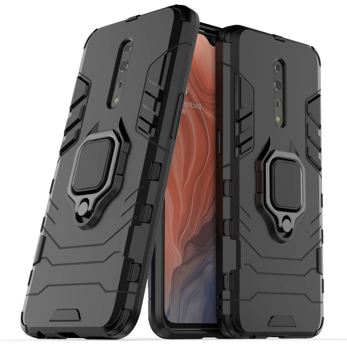 MRSTER OPPO Reno Z Case Heavy Duty Armor Dual Layer Shock Resistant Hybrid Protective Bumper Cover with Ring Holder Kickstand for OPPO RenoZ. HB Black