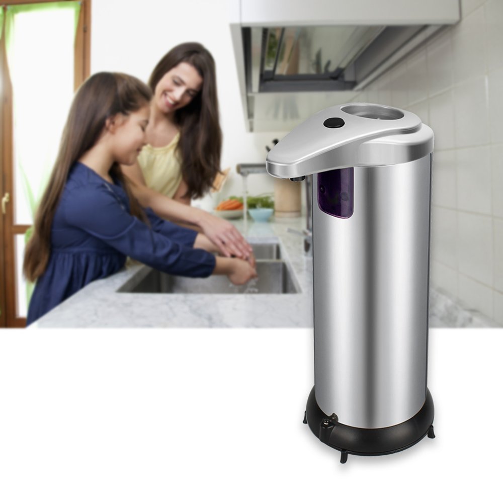 Fun Sponsor Automatic Soap Dispenser, 250ML Stainless Steel Touchless Liquid Sensor Soap Dispenser Soap Holder Hand Free with Waterproof Base for Kitchen Bathroom (Silver)