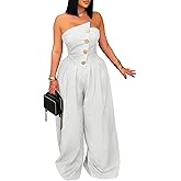 DINGANG Elegant Strapless Jumpsuit for Womens Dressy Off Shoulder Tube Top Button Wide Leg Romper
