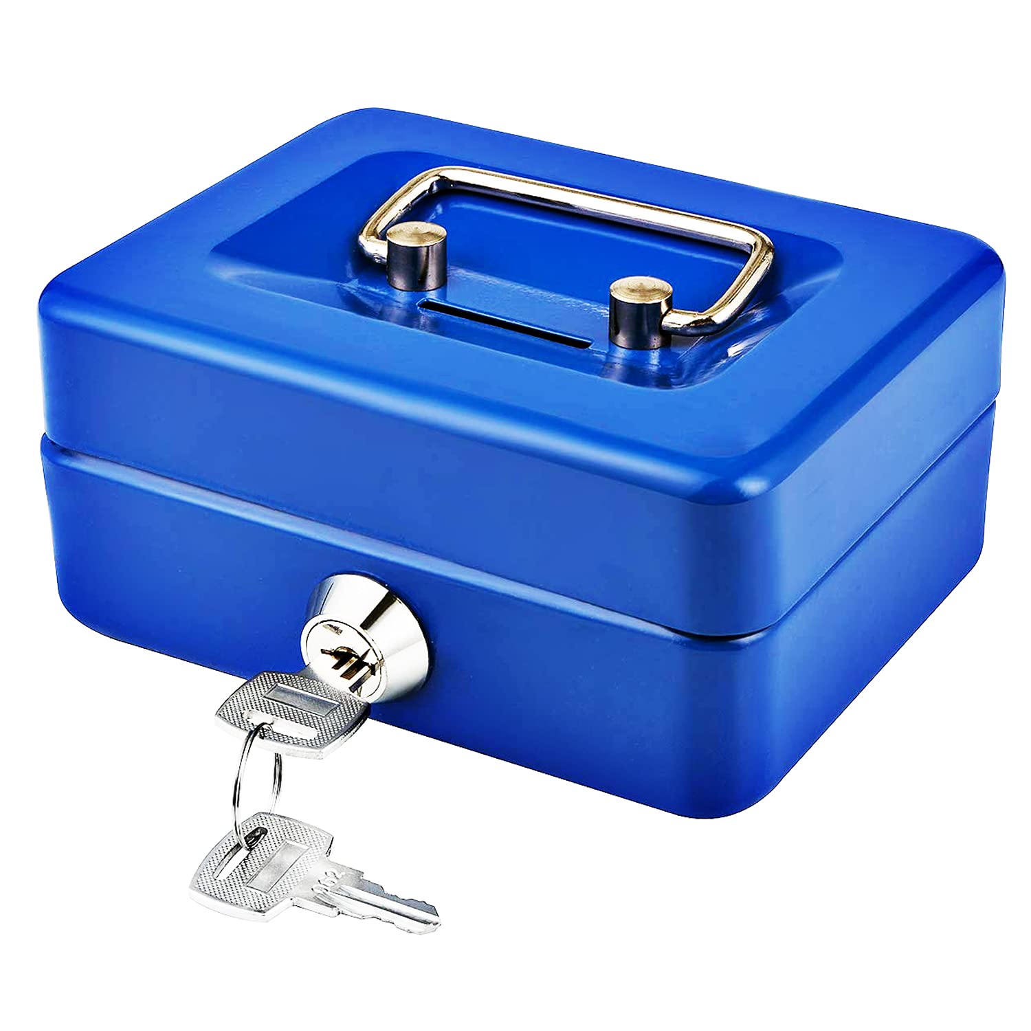 Small Cash Box with Key Lock, Portable Metal Money Box with Double Layer & 2 Keys for Security 12.5 * 10 * 5.6cm (S, Blue)