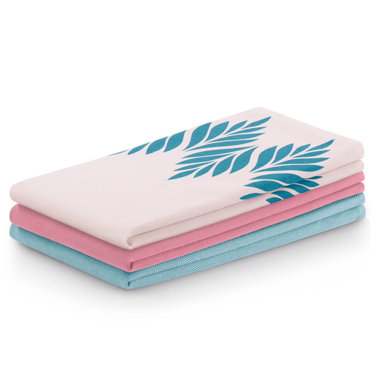 AmeliaHome Set of 3 Tea Towels Cotton Kitchen Towels 50 x 70 cm Leaves Pattern Letty Pink Turquoise