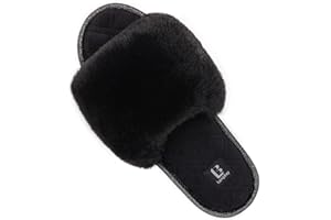 LongBay Women's Fuzzy Faux Fur Memory Foam Cozy Flat Spa Slide Slippers Comfy Open Toe Slip On House Shoes Sandals