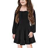 Girls Long Sleeve Square Neck Casual Boho Smocked Short Dresses 5-14 Years