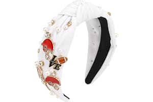 Vovii Football Headband for Women, Knotted Pearl Rhinestone Jeweled Headband for Football Mom Fans, Football Headbands Hair Accessories Game Day Outfits for Women (White)