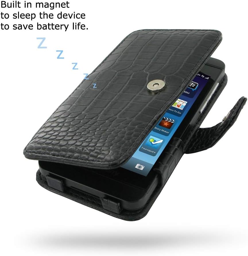 PDair Handmade Leather Book Case for BlackBerry Z10 (Black Crocodile Pattern)