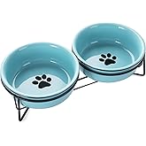 GDCZ Ceramics Raised Cat Bowls with Heighten Metal Stand,15 Ounces Turquoise