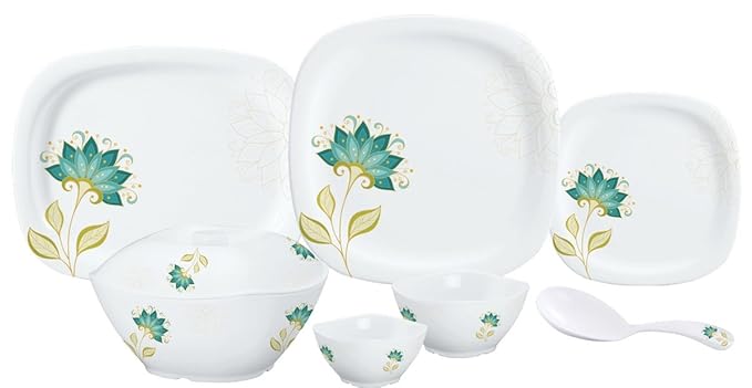 Servewell Exotic Bloom Square Round Melamine Dinner Set, 31-Pieces, White