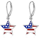 4th of July Earrings for Women 925 Sterling Silver American Flag Dangle Drop Earring Red White Blue Patriotic Star Cross Patriotic USA Holiday Jewelry Independence Day Gifts for Women Girls