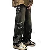 Y2K Vintage Men Korean Blue Streetwear Oversize Star Aesthetic Straight Trousers Wide Leg Jeans Grunge Denim Pants