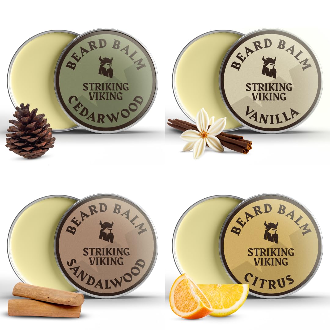 Striking Viking Beard Balm - Pack of 4, Light Hold, 30g, Citrus, Vanilla, Sandalwood & Cedarwood Scents - Natural Conditioning Beard Balm with Shea Butter, Argan & Jojoba Oils