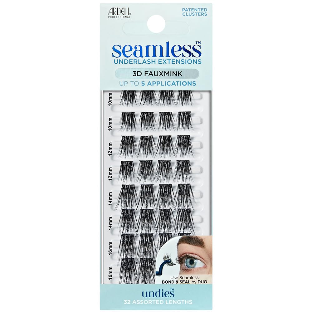 Ardell Seamless Undies Underlash Eyelash Extensions Refill, 3D Faux Mink Lash Cluster Kit, Full Volume & Intense Black Lashes, Up to 5 Applications, Assorted Eyelash Lengths, 32 Knot-Free Clusters