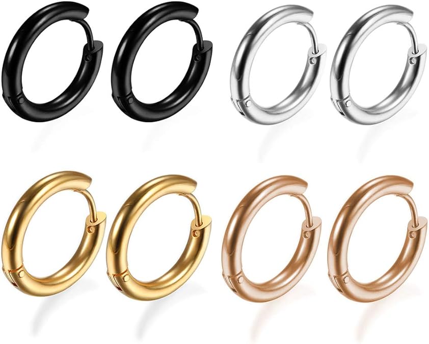 4Pairs 316L Surgical Stainless Steel Hoop Earrings Hypoallergenic 8mm Small Huggie