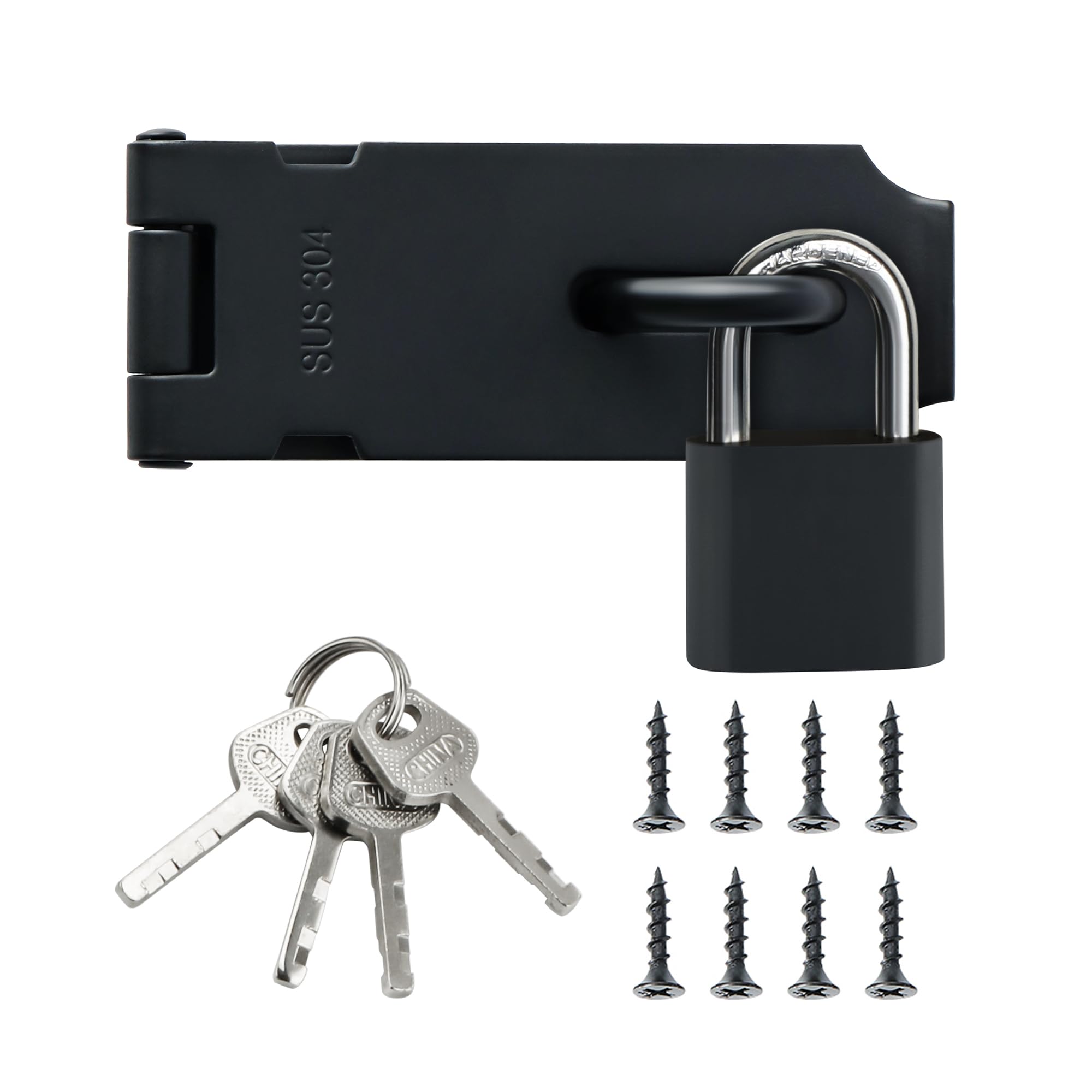 SAYAYO Shed Lock Hasp Gate Lock with Padlock & 4 Keys, Hasp and Staple Gate Latch Door Lock Heavy Duty, SUS304 Stainless Steel, Black, 4-Inch