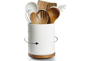 getstar Utensil Holder, 360° Rotating Large Kitchen Utensil Holder, Ceramic Cooking Utensil Holder for Kitchen Counter with Rotatable and Detachable Wooden Base