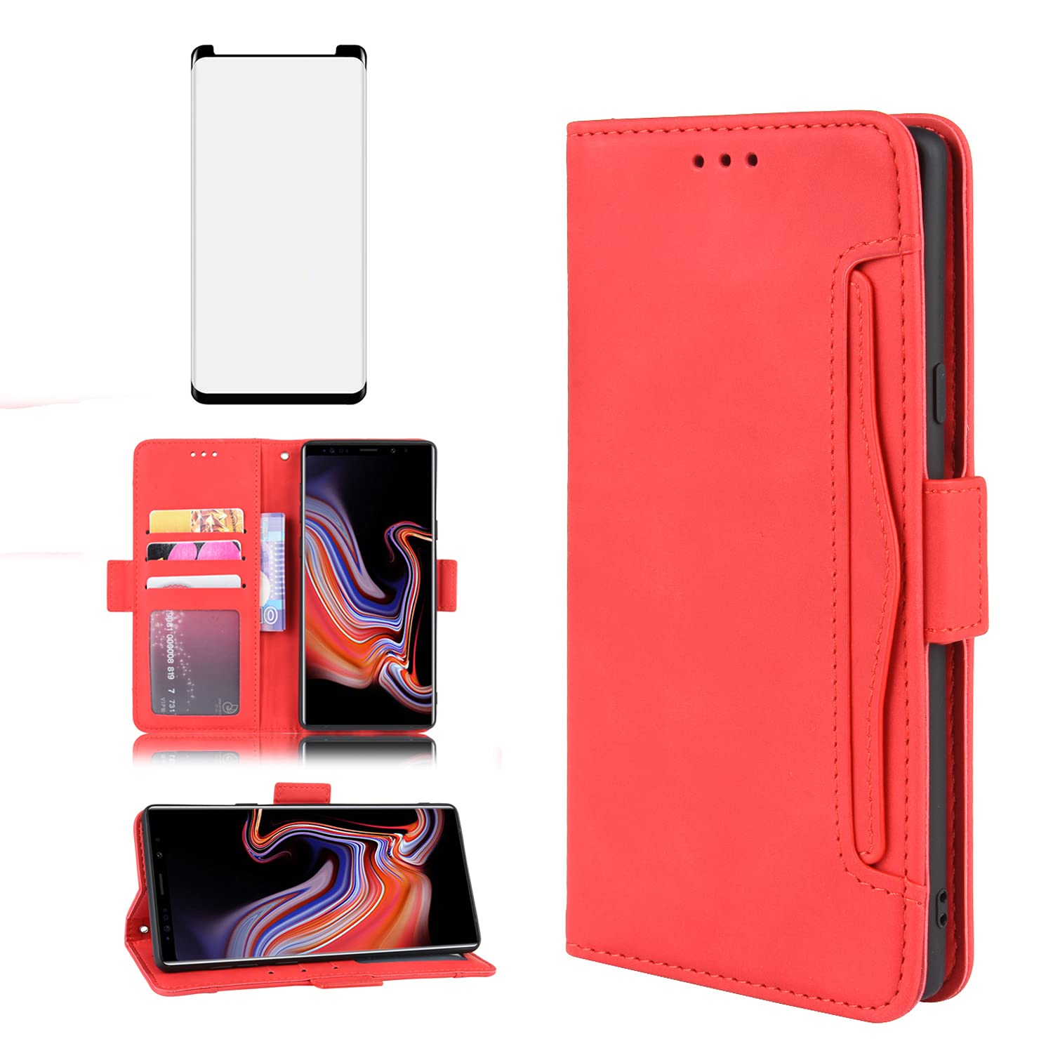 Phone Case for Samsung Galaxy Note 9 Wallet Purse Leather Flip With Tempered Glass Screen Protector Card Holder Slot Stand Kickstand Cell Accessories Galaxies Note9 Gaxaly Glaxay Not Women Men Red