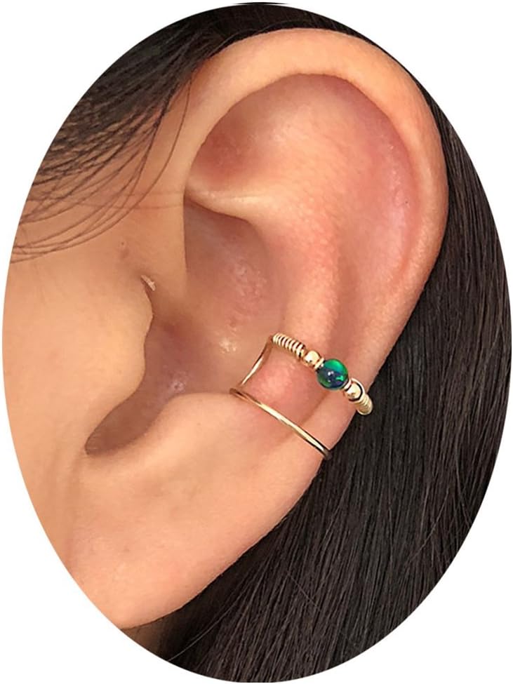 HOMEYU® Handmade Opal Ear Cuff Wrap Earring, Double Ear Cuff, No Piercing, Cartilage Ear Cuff, Fake Cartilage Earring,14 K gold filled wire