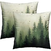 Giwawa Green Misty Forest Throw Pillow Covers 18x18 Inch Set of 2 Mountain Woodland Pillowcase Square Cushion Cover for Home Couch Sofa Bedding