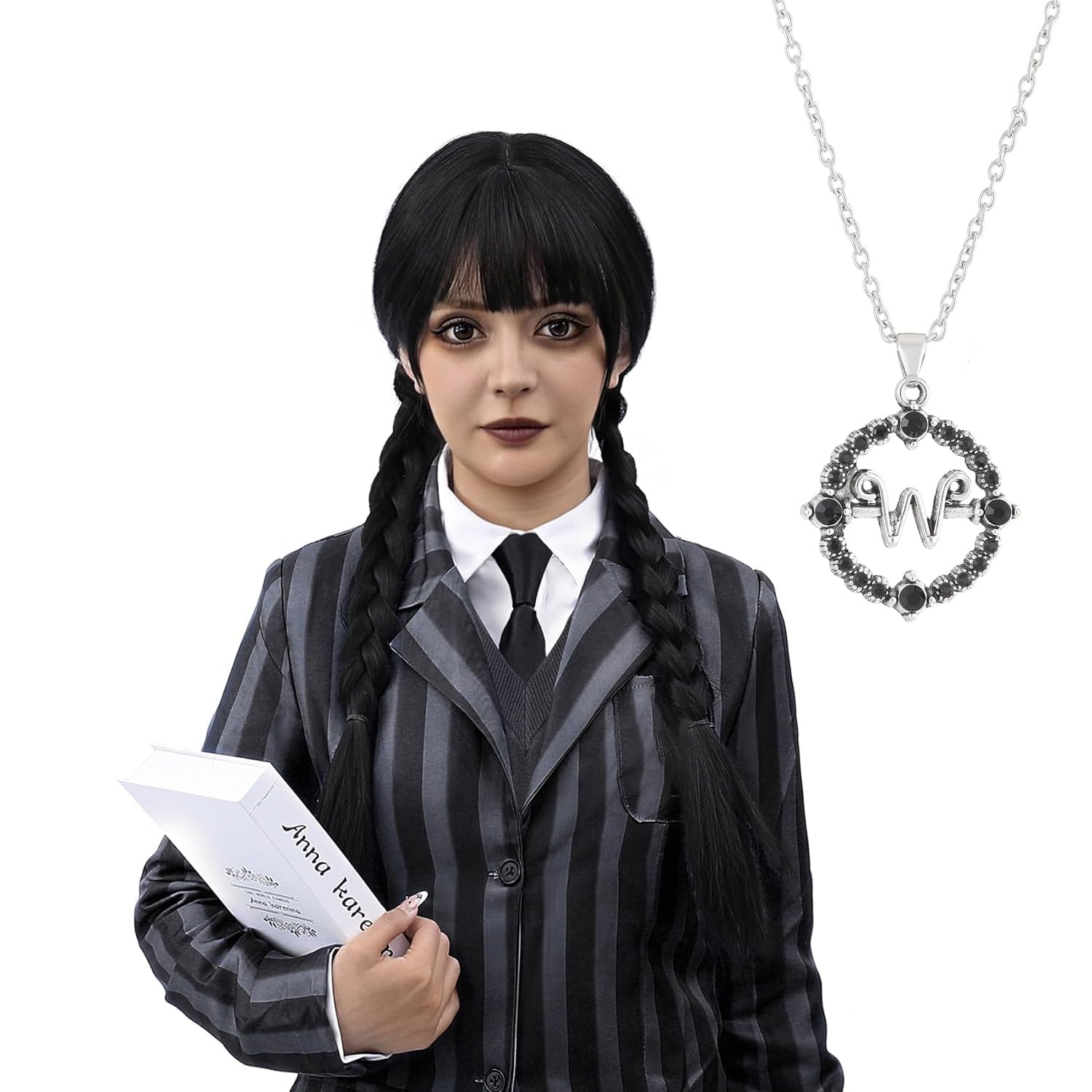 PORSMEER Wednesday Long Braided Wig with Necklace Adams Ghosts Costume Wig for Women Halloween Gothic Costume Hair School Role-Playing Party — image 1