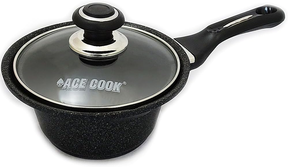 Excelife AC702 Ace Marble Coating Sauce pan 6.3", with Glass lid, Aluminum, Black