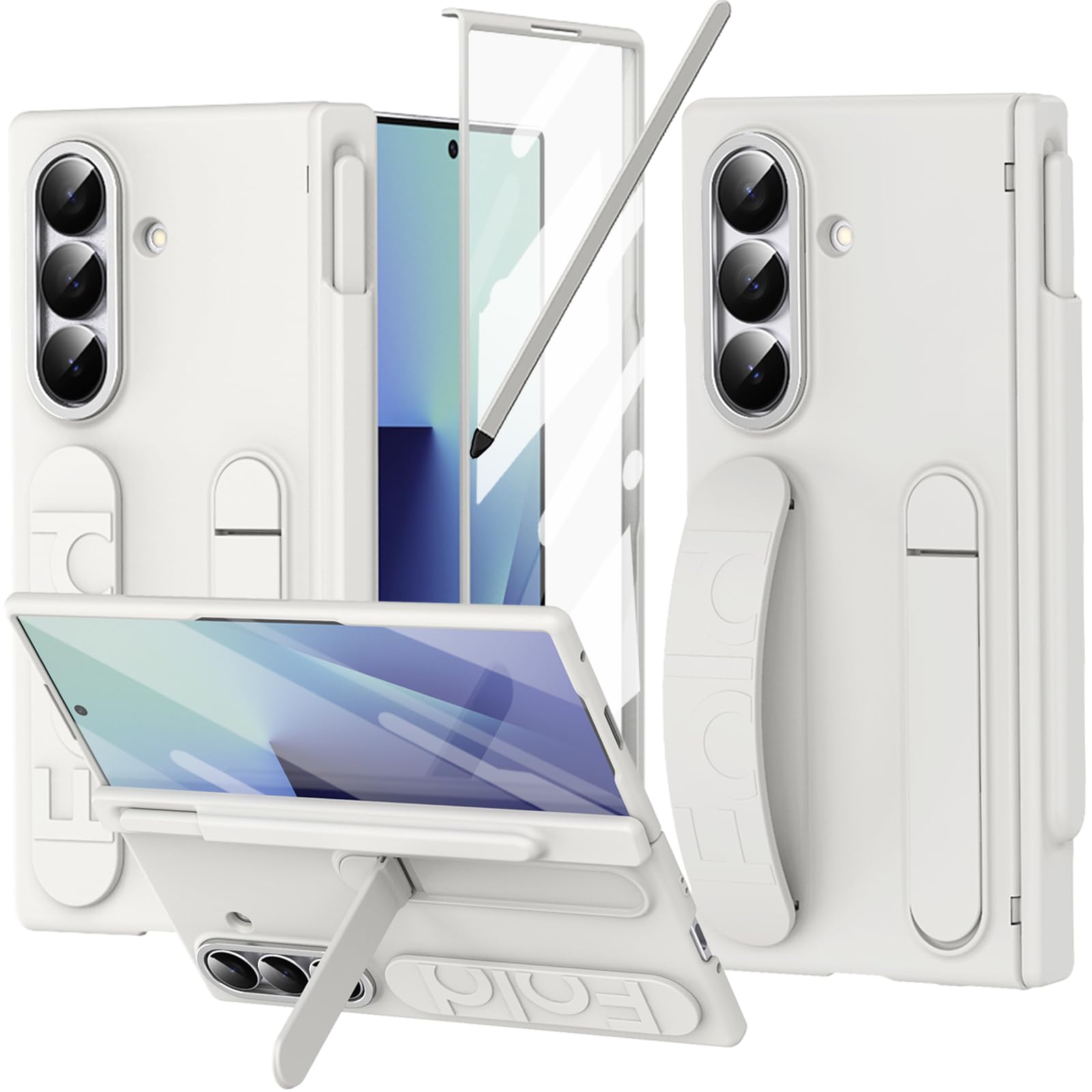 Photo 1 of YQODSZ Finger Strap for Samsung Galaxy Z Fold 7 Case with S Pen Holder & Stylus, Z Fold7 Hand Strap Case Kickstand Full Coverage Screen Protector Hinge Protection Wristband Cover for Z Fold 7 White