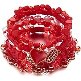 ChungLong0593 Valentine's Day Stackable Surfer Heishi Beaded Bracelet Set for Women Polymer Clay Beaded Stretch Bracelets with Love Heart Charms Jewelry Gift
