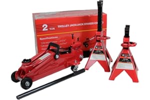 K Tool International 63097A 2 Ton Automotive Trolley Floor Jack with Jack Stands for Garages, Repair Shops, and DIY, 4,000 lbs. Capacity, Hydraulic Lifting Range 5-1/8" to 13", Heavy Duty Steel, Red