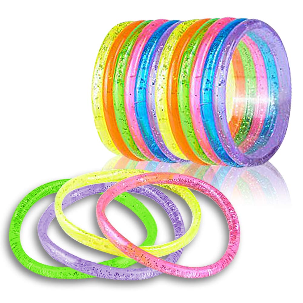 Photo 1 of ArtCreativity 6” Liquid Glitter Bracelets - Pack of 12 - Assorted Neon Colored Bangles for Toddlers - 80s Sparkle Glitter Water Jelly Bracelets for Girls and Women - Little Girls Party Favors Bulk