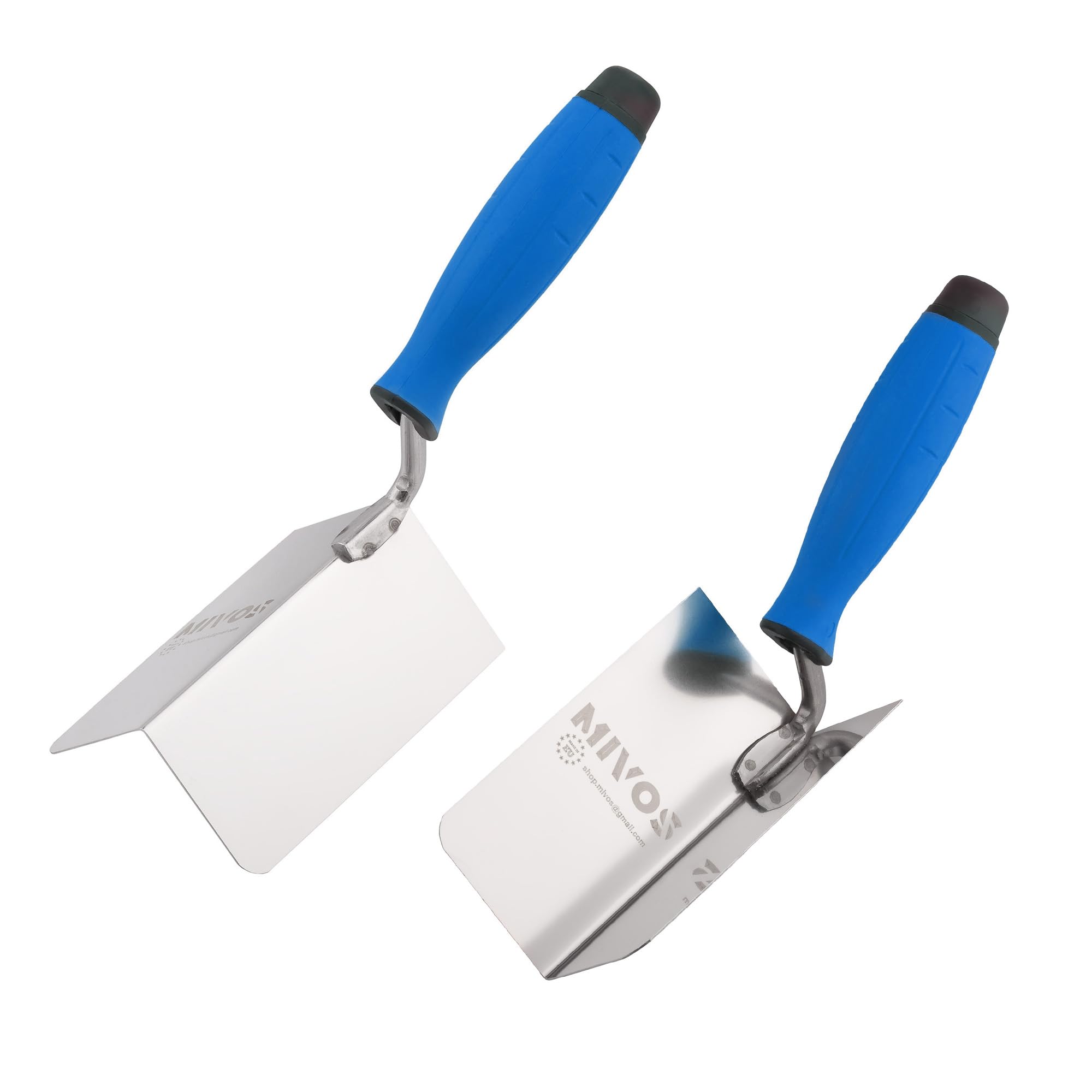 Mivos 2 x Corner Trowel Rustproof 120 x 60 mm - Inner Corner Trowel and Outer Corner Trowel Made of Stainless Steel - Interior and Exterior Edge Trowel with Soft Grip - Corner Spatula - Blue - Made in