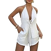 xxxiticat Women's Two Piece Shorts Set Sleeveless Halter Front Tie Up Vest Top Casual Beach White Resort Matching Lounge Suit