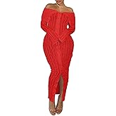 Prekeewil Womens Sexy Off Shoulder Maxi Dress Pleated See Through Flare Sleeve Button Down Slit Bodycon Long Dresses