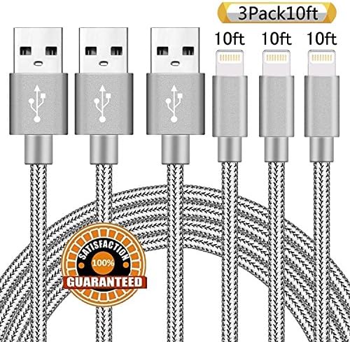 Suanna Lightning Cable 3PACK 10FT USB Syncing and Charging iPhone Cable Data Nylon Braided Cord Certified for iPhone X/8/7 Plus/6/6s/6+/5/5c/5s/SE/iPad/iPod Nano/iPod Touch (Grey)