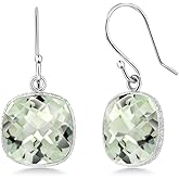 Gem Stone King 12.00 CTTW Green Prasiolite French Wire Dangle Earrings for Women | 12MM Cushion Checkerboard Cut | 925 Sterling Silver | Gemstone Birthstone | 1 Inch